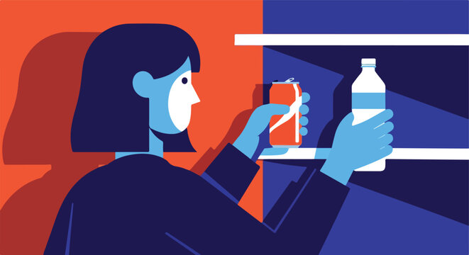 Illustration of a person choosing between a soda can and a water bottle from a shelf