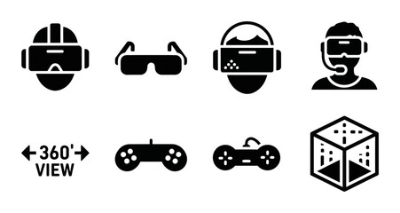 8 Virtual Reality icons VR headset, gaming controller, 360 view, outline solid styles, UI and web interface design © Ryead