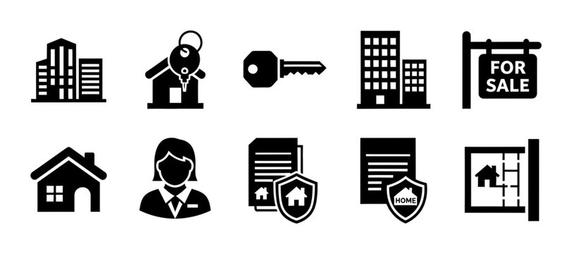 10 Real Estate icons house, key, apartment building, agent and contract, outline solid styles, UI and web interface design