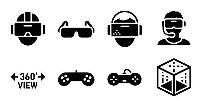 8 Virtual Reality icons VR headset, gaming controller, 360 view, outline solid styles, UI and web interface design