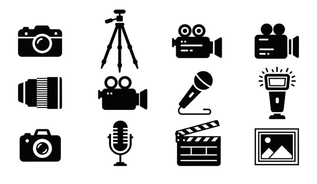 12 Photography icons including camera, tripod, video recorder and microphone, outline solid styles, UI and web interface design