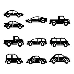 Naklejka premium Diverse Car Silhouettes Collection: Sedans, SUVs, Trucks, Sports Cars
