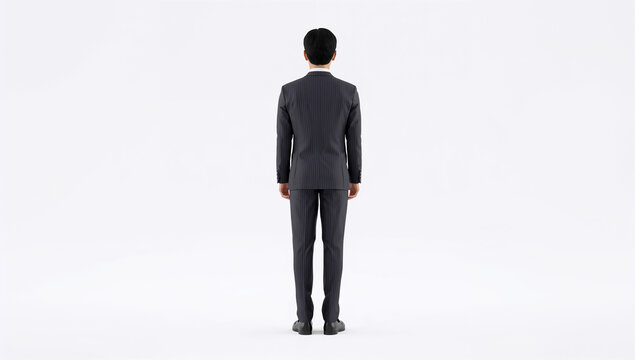 後ろ姿の日本人男性を表現した白背景の3D業務素材