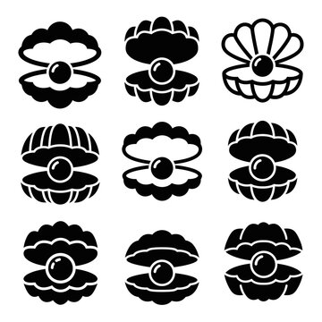 Set of Black and White Pearl Oyster Icons