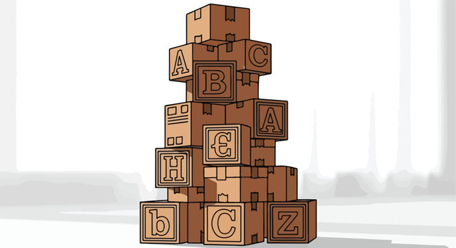 Cartoon stack of brown delivery boxes, marked with alphabet letters and Euro symbol