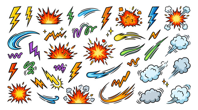 Dynamic comic book style explosion and lightning bolt effects for action scenes and motion graphics
