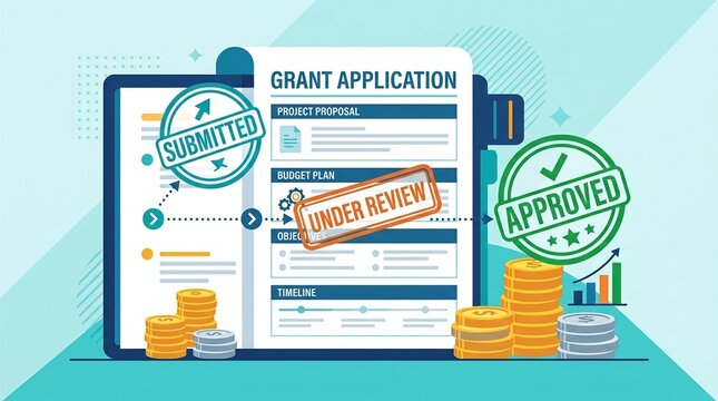Grant funding application grant application form document with stamps and coins