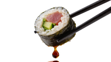 Tuna and cucumber sushi roll dipped in soy sauce, isolated on transparent background © Lukas