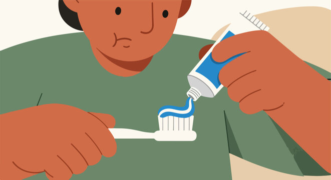 Illustration Person's hands squeeze blue toothpaste onto a white toothbrush. Oral hygiene