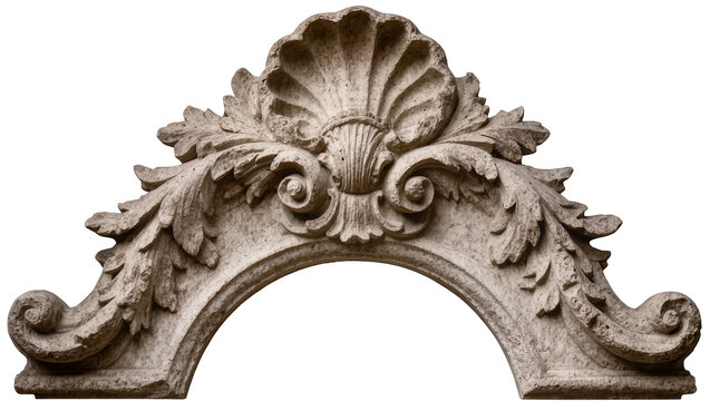 Ornate stone architectural element with shell and acanthus leaves, isolated on transparent background