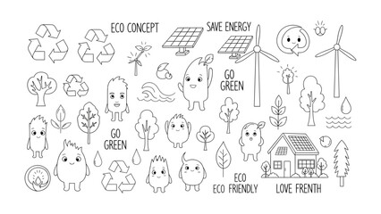 Fototapeta premium Eco-Friendly Illustrations: A collection of charming, hand-drawn illustrations that embody eco-consciousness and promote environmental sustainability. Featuring solar panels, wind turbines.