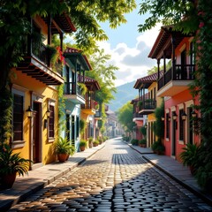 Fototapeta premium colorful colonial buildings and historic cobblestone street