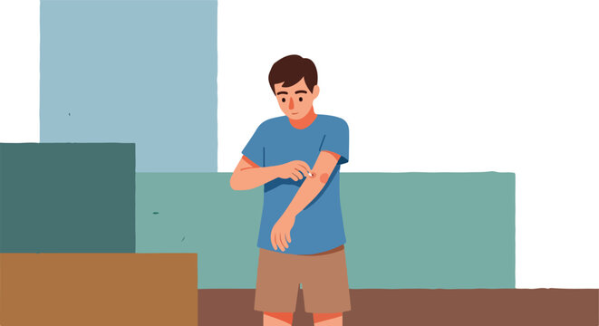 Young man applies cream to a red rash/bug bite on his arm, looking concerned