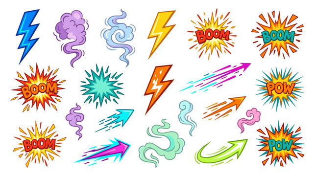 Dynamic comic book style sound effects and action elements collection for graphic design and illustration
