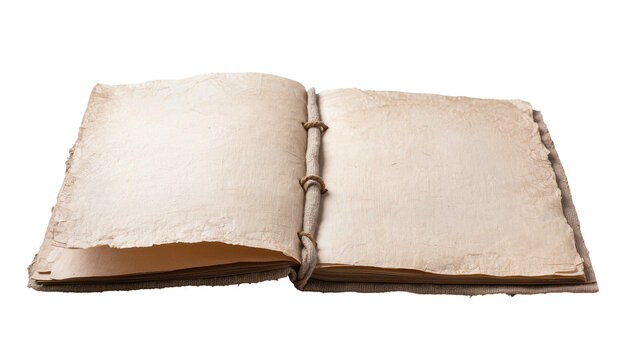 Old open book with rough paper pages bound by rope, isolated on transparent background