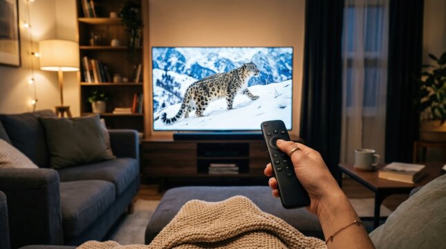 Woman holding remote control watching snow leopard documentary on television in living room at night. Cozy home atmosphere with blanket and lighting. Relaxation and entertainment concept.