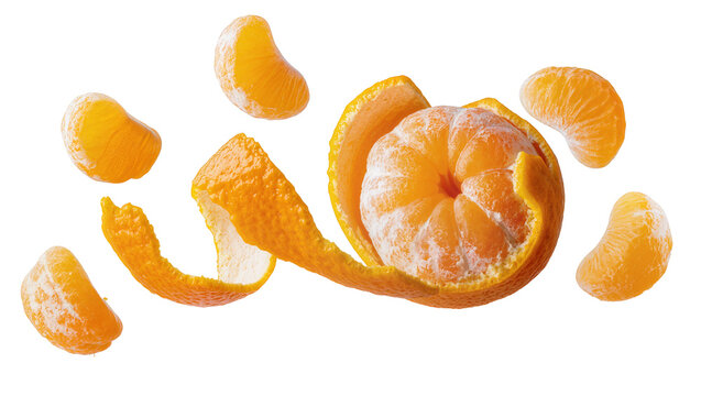 Peeled tangerine with segments and peel scattered, isolated on transparent background