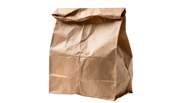 Crinkled brown paper lunch bag crumpled and creased, isolated on transparent background