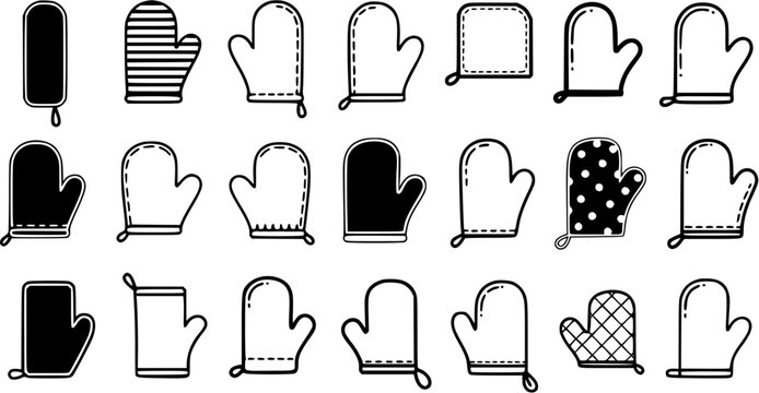 Black and White Line Art and Glyph Icons Set of Oven Mitts and Pot Holders for Cooking and Baking, Kitchenware Collection Vector Illustration.