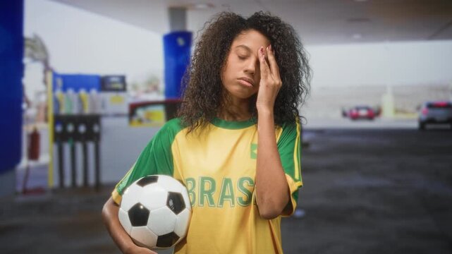 Teenage woman holding soccer ball with hand covering face on street near gas station, wearing brazil team t shirt; disappointment reflection.