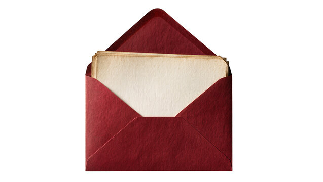Deep red textured envelope holding aged paper sheets, isolated on transparent background