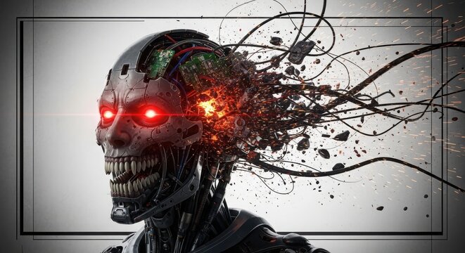 A robotic skull with red glowing eyes and wires exploding from its head in a futuristic scene with a grey background