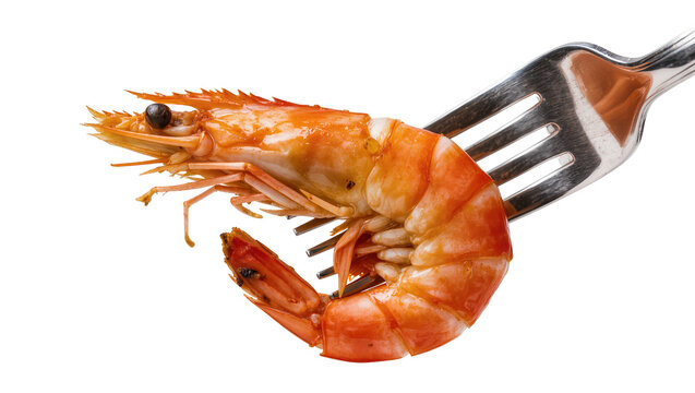 Cooked orange shrimp impaled on a silver fork, isolated on transparent background