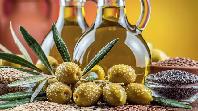 Bottles of Olive Oil Surrounded by Olives and Various Seeds.