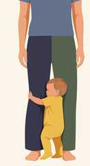 Fototapeta premium Warm illustration Adorable baby in yellow pajamas affectionately hugs adult's legs