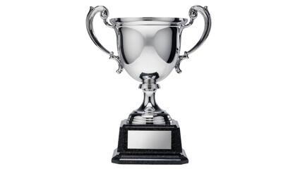 Shiny silver trophy with ornate handles and black base, isolated on transparent background © Lukas