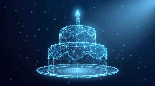 Digital wireframe cake with lit candle on top in a futuristic style