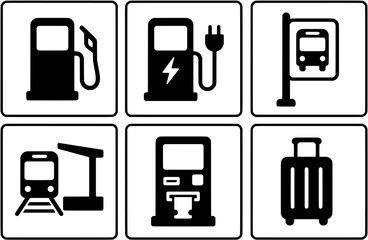 Transport Facility Icons Set Fuel EV Charging Bus Stop Train Station Ticket Machine Luggage Vector © Stefanina