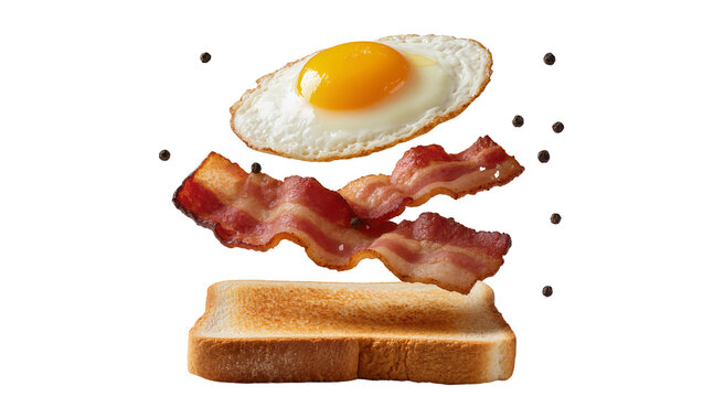 Fried egg and bacon strips floating above toast, isolated on transparent background