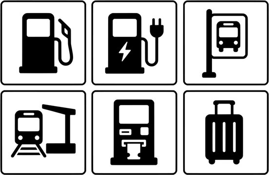 Transport Facility Icons Set Fuel EV Charging Bus Stop Train Station Ticket Machine Luggage Vector
