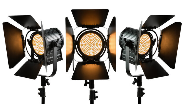 Three professional LED spotlights with barn doors, isolated on transparent background