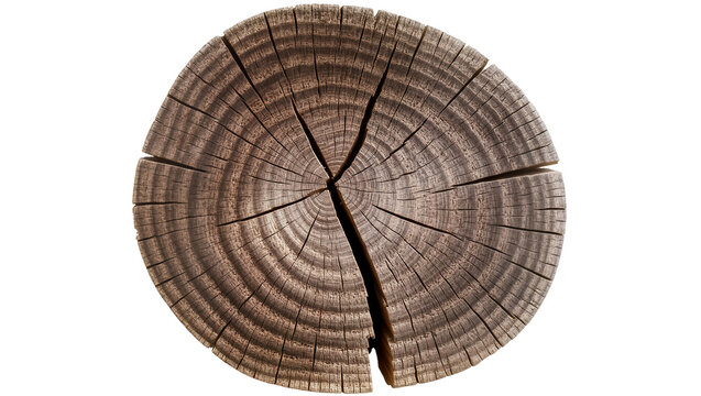 Cracked weathered wood log end with visible growth rings, isolated on transparent background