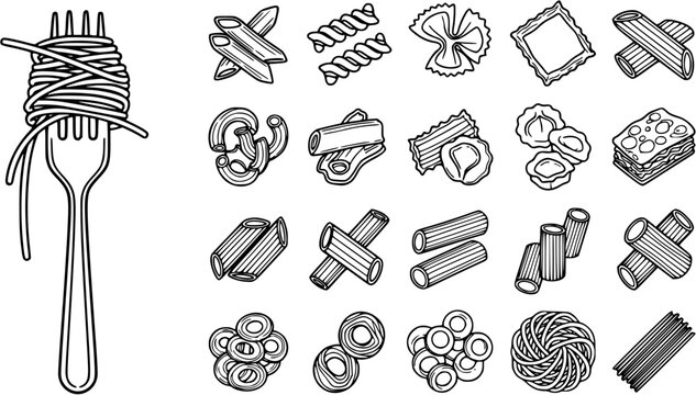 Black and White Line Art Collection of Various Pasta Shapes and Spaghetti on a Fork