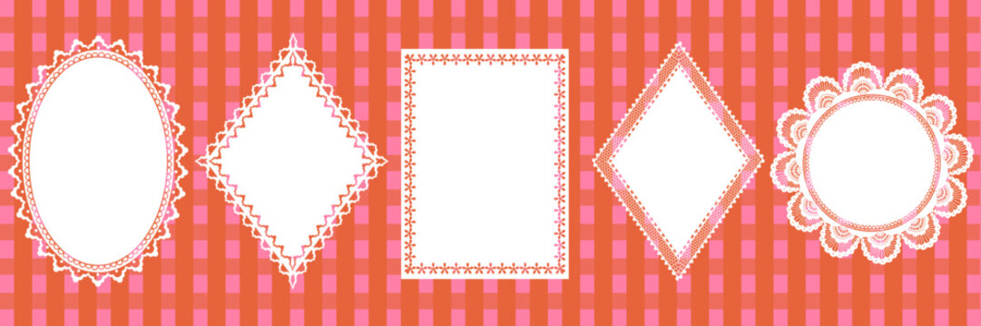 Whimsical lace frame set with oval, round, rectangular and diamond shaped doily borders on a colorful gingham background. Perfect for branding, wedding invitations, scrapbooking, stationery.