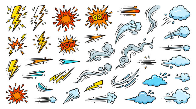 Dynamic comic book style motion effects lightning bolts explosions and wind gusts illustrated as graphic elements