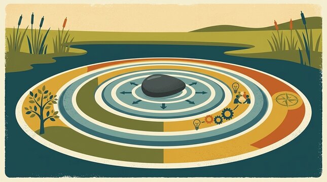 Ripple effect leadership impact stone dropped in water creating ripple rings