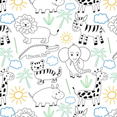 Naklejka premium Doodle hand drawn black and white cute safari animals with colorful leaves and sun seamless pattern in coloring book style, for nursery wallpaper and kids room decor 