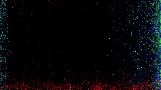 Multi-colored Digital Glitch Frame Vignette with Vertical Red and Blue Data Failure and Noise. Ideal for tech fail, data corruption, cyberpunk, creative overlay, border, or mask for video and graphic 