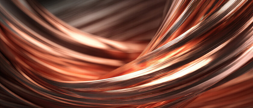 Close-up of shimmering copper wires with dynamic curves, creating a modern abstract background ideal for technology, design, and industry concepts.