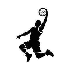 Silhouette of a basketball player performing a slam dunk with the ball held high above his head. © ning