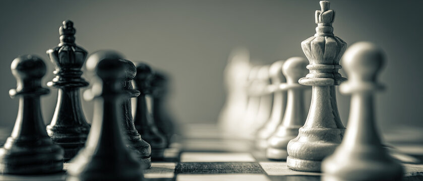 Close-up of white chess pieces facing opponents on a chessboard, shallow depth of field, dramatic lighting, strategic and competitive mood.