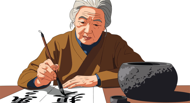 A focused elder practices East Asian calligraphy with brush and ink on white paper