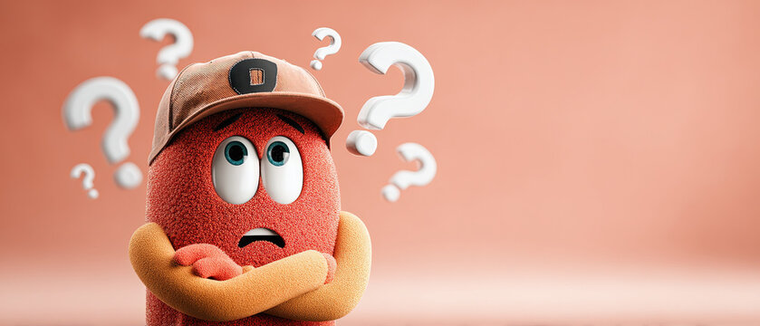 Cute cartoon figure in a cap with puzzled expression, surrounded by floating question marks on a coral background. Perfect for concepts of confusion and problem-solving.