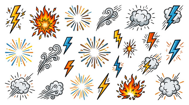Dynamic collection of abstract weather and energy elements like lightning bolts fire bursts wind swirls and explosion clouds for graphic design and comic books