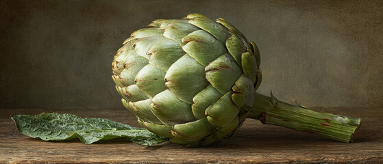 Fototapeta premium Single whole artichoke with leaf on a wooden table against an earthy textured background, perfect for food and kitchen concepts.