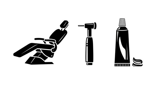 Dental Chair, Drill, and Toothpaste Icon Set - Clean Oral Hygiene Concept